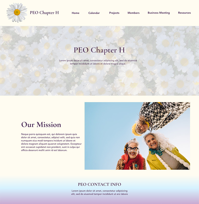 Home page with daisies and older women smiling