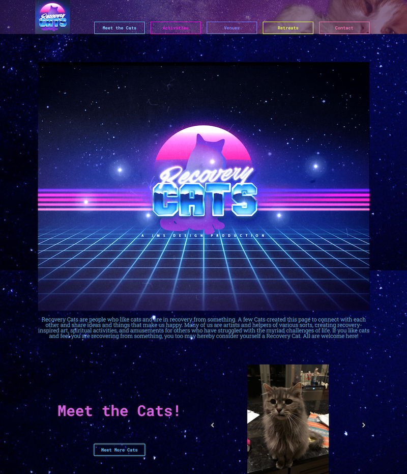 Landing page with 80s inspired colors and pictures of cats